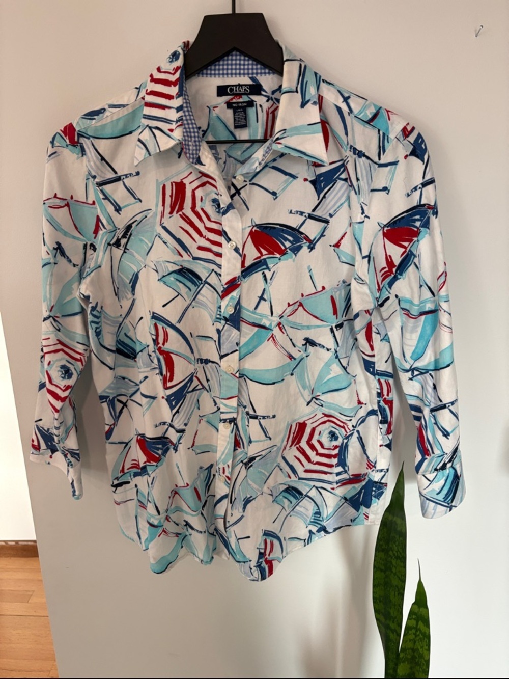 Chaps White Button-Up Blouse with Red & Light Blue Umbrella Motif #4th of july